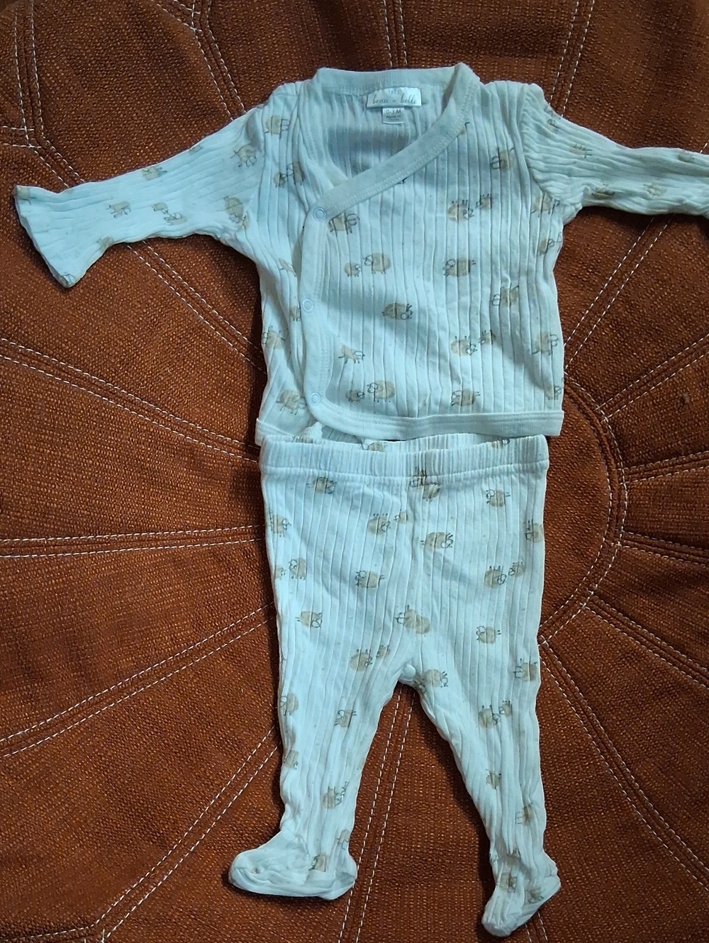 Cream Ribbed Infant Footed One-Piece with Tan Animal Print